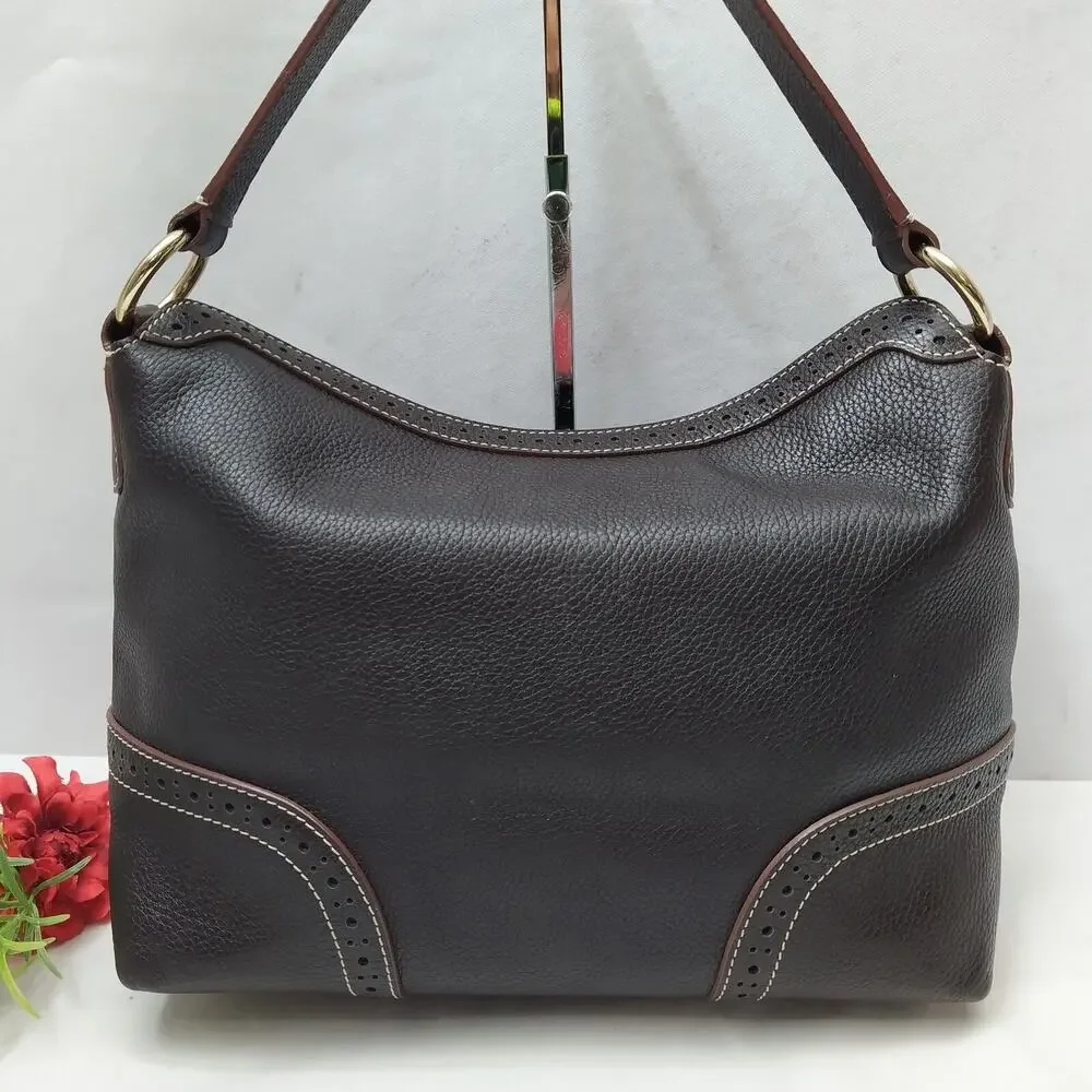 Dooney & Bourke Brown Pebbled Leather Round Logo Zipper Hobo Shoulder Bag